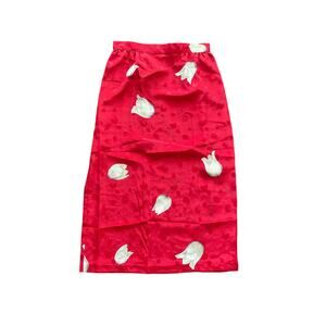 1980s Vintage Bright Red White Tulip Floral Patterned Satin Midi Skirt Size 8